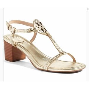 TORY BURCH Metallic Gold  Sandals Bloch Heel Shoes Size 9.5